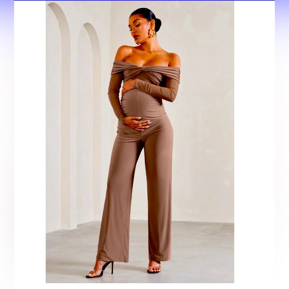Kyla | Mocha Ruched Bardot Long-Sleeved Wide-Leg Maternity Jumpsuit
